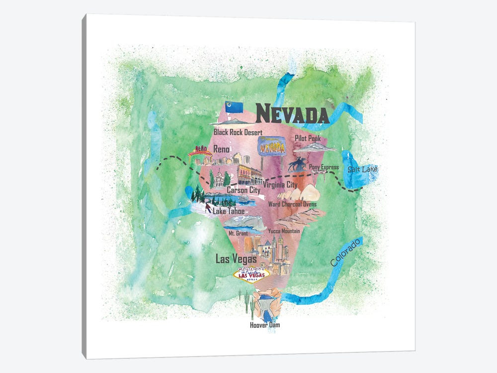 USA, Nevada Illustrated Travel Poster by Markus & Martina Bleichner 1-piece Canvas Wall Art