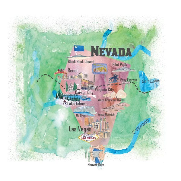 Kids Map Art: USA, Nevada Illustrated Travel Poster by Markus & Martina Bleichner