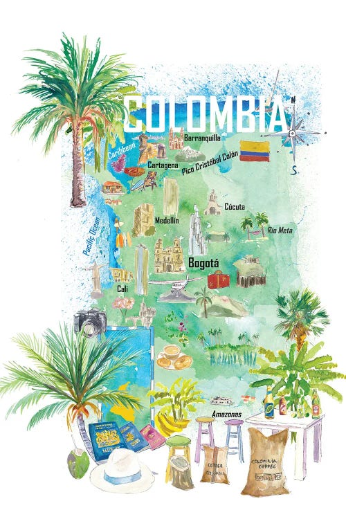 Colombia Illustrated Travel Map With Tourist Attractions And Highlights