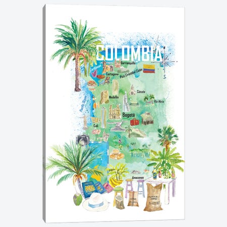 Colombia Illustrated Travel Map With Tourist Attractions And Highlights Canvas Print #MMB626} by Markus & Martina Bleichner Canvas Artwork
