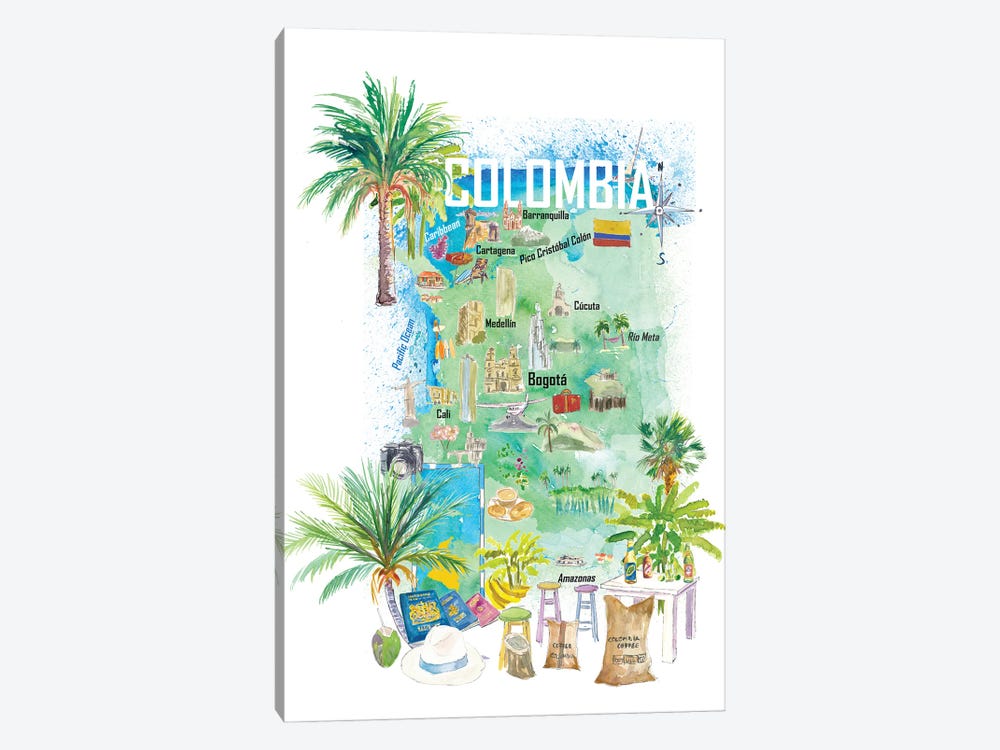 Colombia Illustrated Travel Map With Tourist Attractions And Highlights by Markus & Martina Bleichner 1-piece Art Print