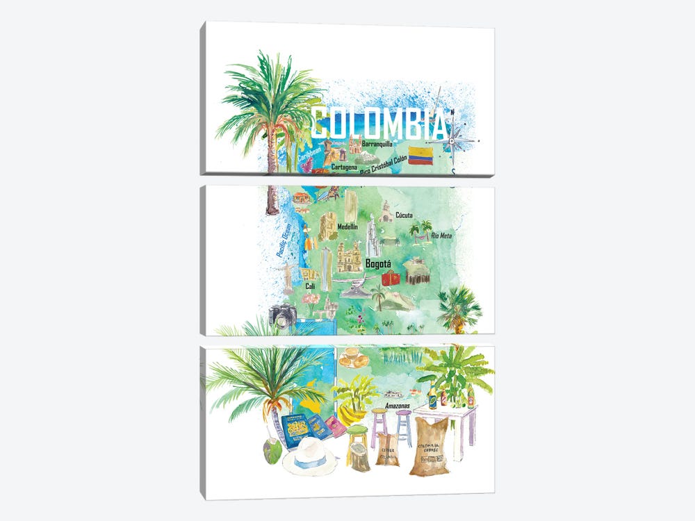 Colombia Illustrated Travel Map With Tourist Attractions And Highlights by Markus & Martina Bleichner 3-piece Canvas Print