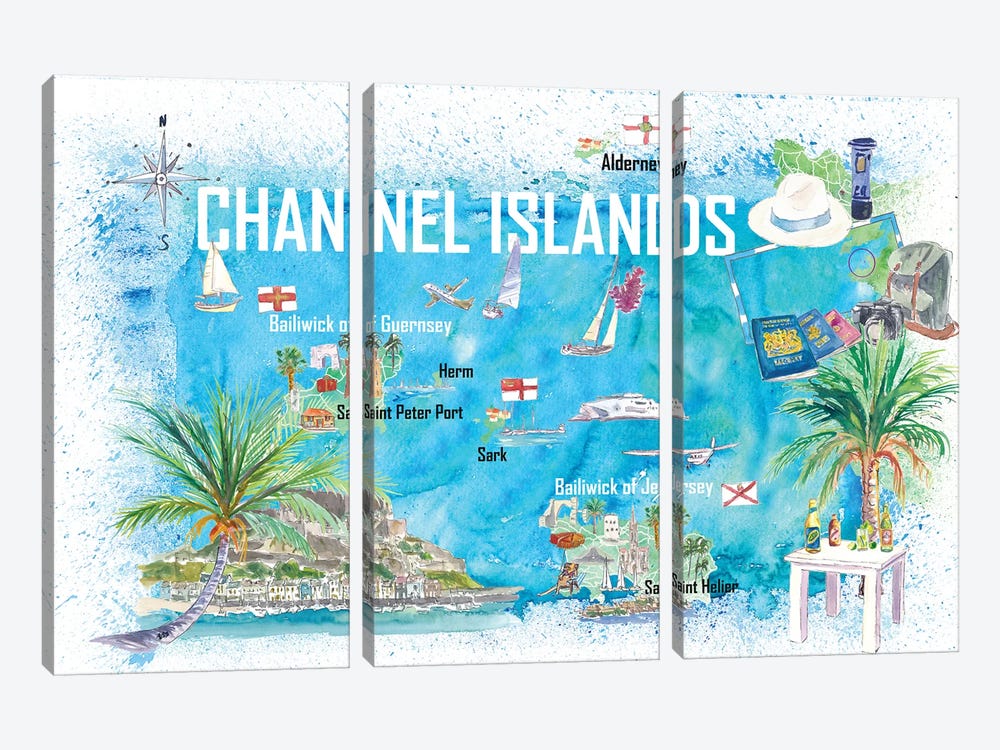 Channel Islands Travel Map by Markus & Martina Bleichner 3-piece Canvas Art Print