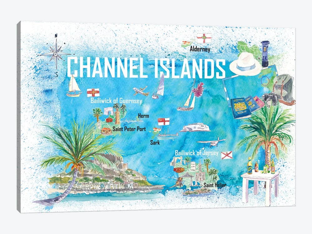 Channel Islands Travel Map by Markus & Martina Bleichner 1-piece Art Print