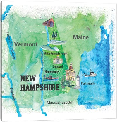 USA, New Hampshire State Travel Poster Canvas Art Print - Kids Map Art