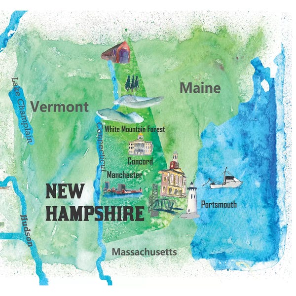 Kids Map Art: USA, New Hampshire State Travel Poster by Markus & Martina Bleichner