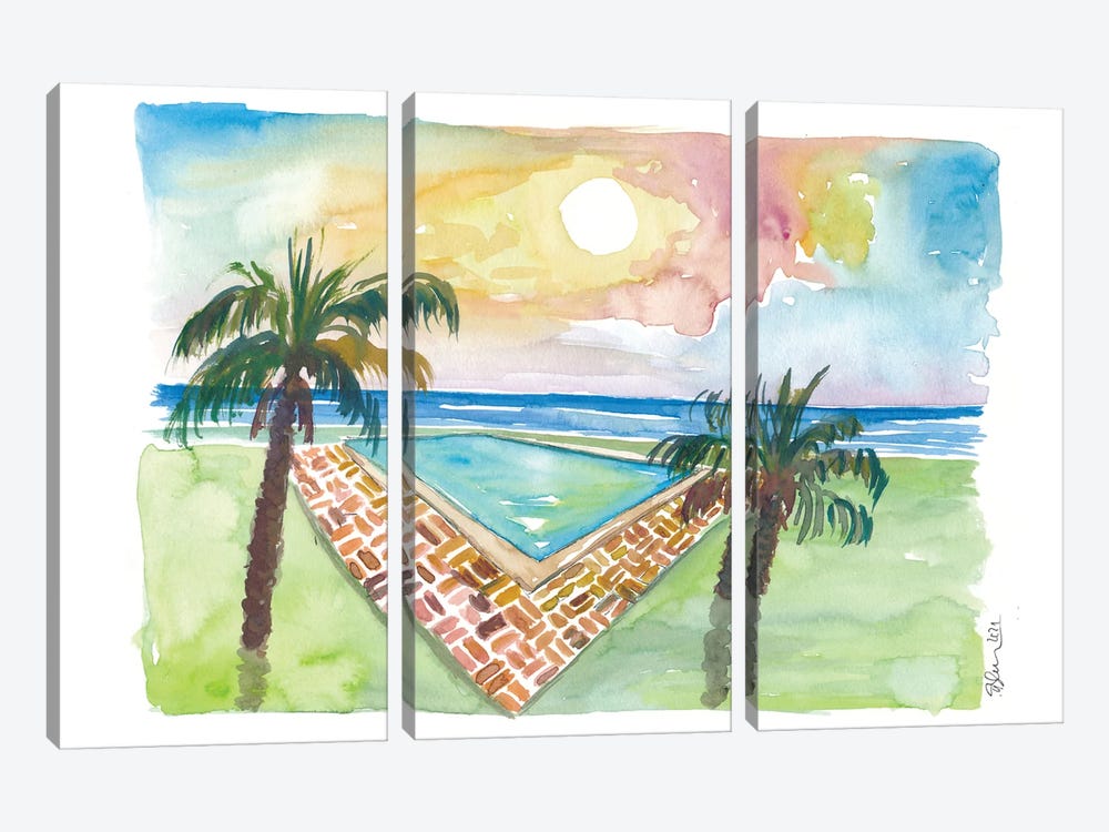 Turquoise Cool Pool With Sunset And Seaview by Markus & Martina Bleichner 3-piece Canvas Art