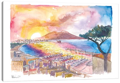 Spectacular Sunrays Over Napoli Italy With Vesuvius And Mediterranean Sea Canvas Art Print