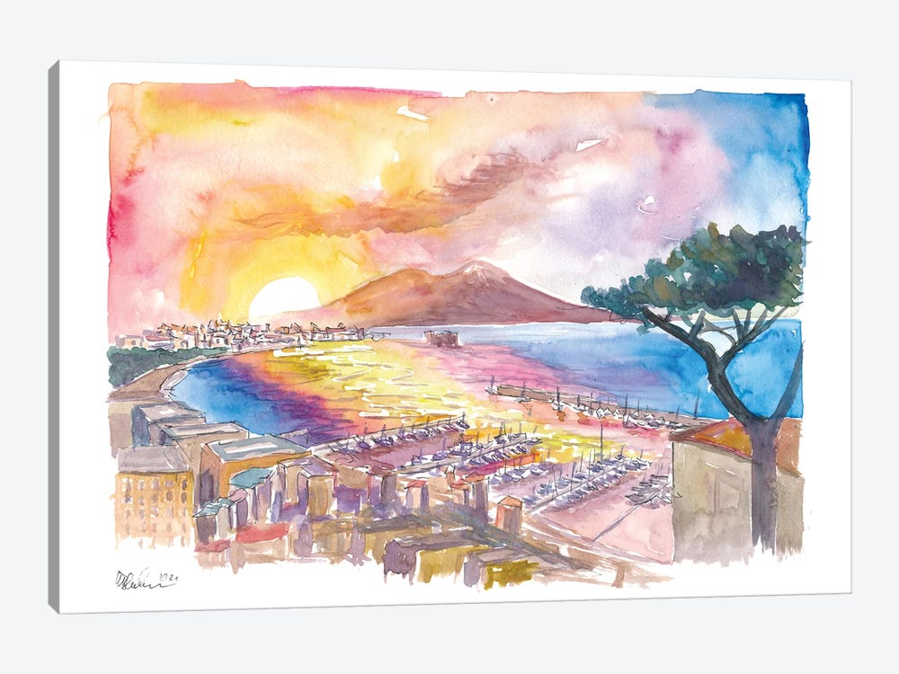 Spectacular Sunrays Over Napoli Italy With Vesuvius And Mediterranean Sea by Markus & Martina Bleichner 1-piece Canvas Artwork