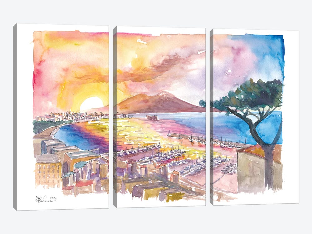 Spectacular Sunrays Over Napoli Italy With Vesuvius And Mediterranean Sea by Markus & Martina Bleichner 3-piece Canvas Wall Art