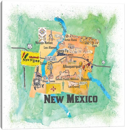 USA, New Mexico Illustrated Travel Poster Canvas Art Print - Kids Map Art