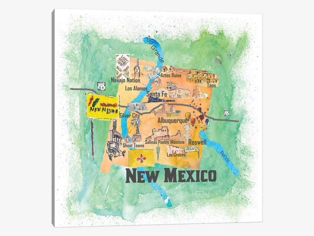USA, New Mexico Illustrated Travel Poster by Markus & Martina Bleichner 1-piece Canvas Art
