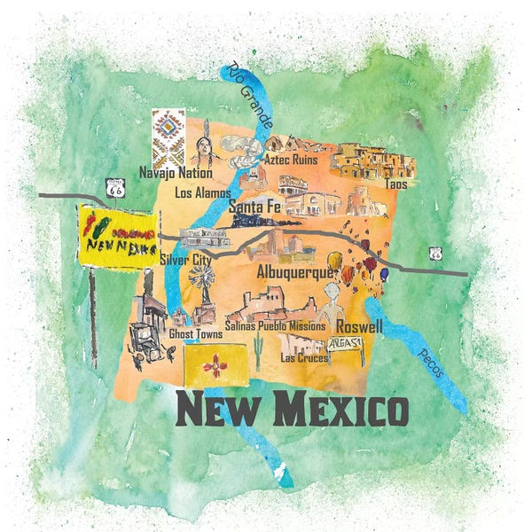 Markus & Martina Bleichner: USA, New Mexico Illustrated Travel Poster by Markus & Martina Bleichner