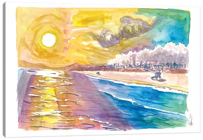 Santa Monica Sun With Mountains Beach And Sea Canvas Art Print - Santa Monica