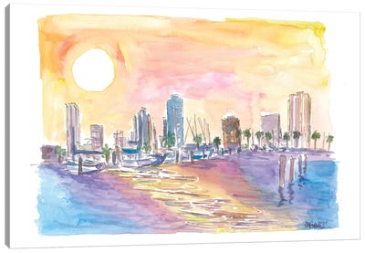 St Petersburg Florida Golden Sunset In Harbour With Skyline Canvas Art Print - Dock & Pier Art