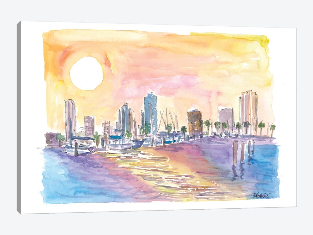 St Petersburg Florida Golden Sunset In Harbour With Skyline by Markus & Martina Bleichner 1-piece Canvas Art