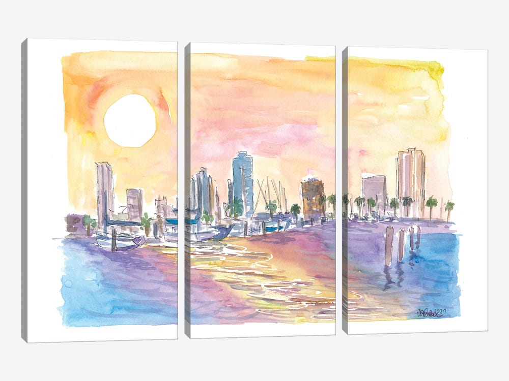 St Petersburg Florida Golden Sunset In Harbour With Skyline by Markus & Martina Bleichner 3-piece Canvas Wall Art