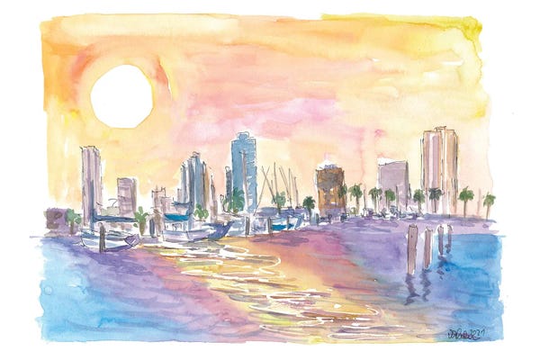 Markus & Martina Bleichner: St Petersburg Florida Golden Sunset In Harbour With Skyline by Markus & Martina Bleichner