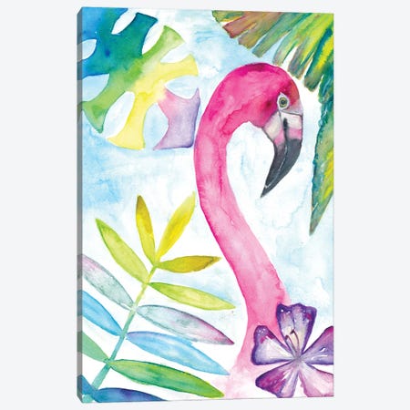 Pink Flamingo With Tropical Smile Canvas Print #MMB644} by Markus & Martina Bleichner Canvas Artwork