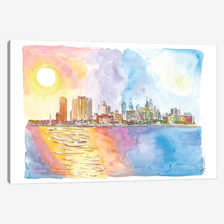 Sunrays Over Philadelphia Pennsylvania Waterfront And Skyline Canvas Print #MMB647} by Markus & Martina Bleichner Canvas Art