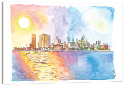 Sunrays Over Philadelphia Pennsylvania Waterfront And Skyline Canvas Art Print - Markus & Martina Bleichner