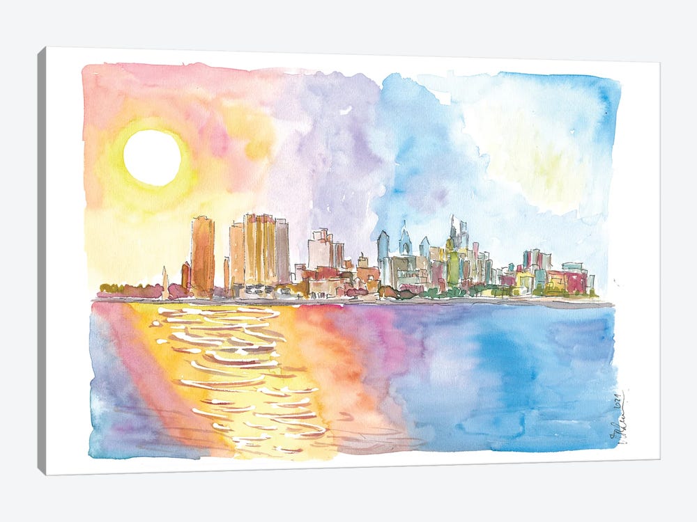 Sunrays Over Philadelphia Pennsylvania Waterfront And Skyline by Markus & Martina Bleichner 1-piece Canvas Artwork