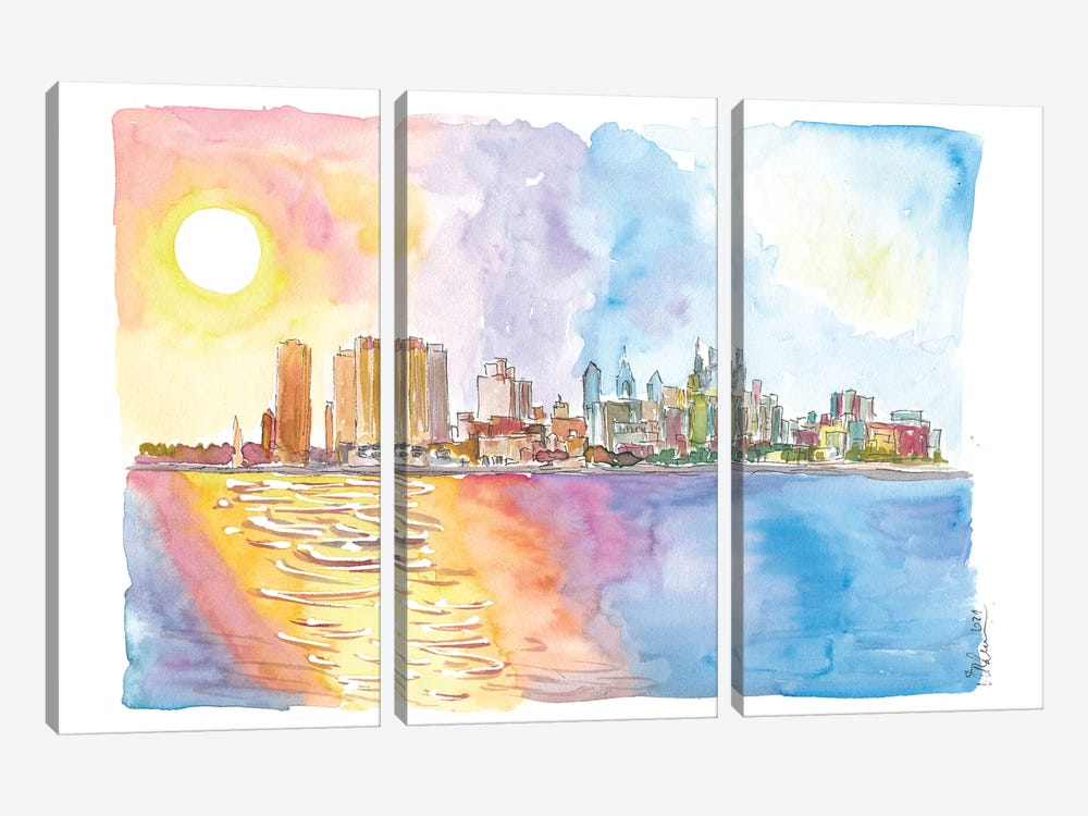 Sunrays Over Philadelphia Pennsylvania Waterfront And Skyline by Markus & Martina Bleichner 3-piece Canvas Art