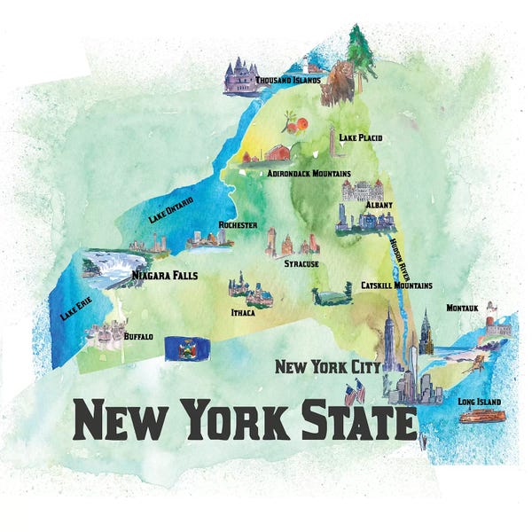 Kids Map Art: USA, New, York State Travel Poster by Markus & Martina Bleichner