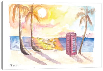 Red Phone Box On The Beach, Dickenson Bay, Antigua Canvas Art Print