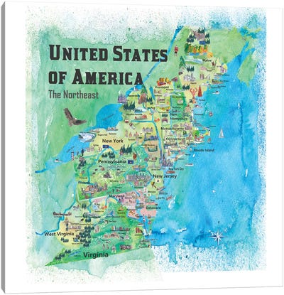 The Northeast Travel Map, USA Canvas Art Print - Markus & Martina Bleichner