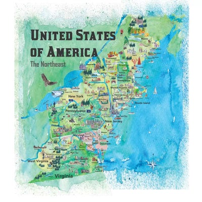 The Northeast Travel Map, US - Canvas Art  Markus & Martina Bleichner