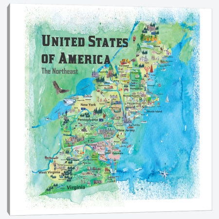 The Northeast Travel Map, USA Canvas Print #MMB65} by Markus & Martina Bleichner Canvas Wall Art