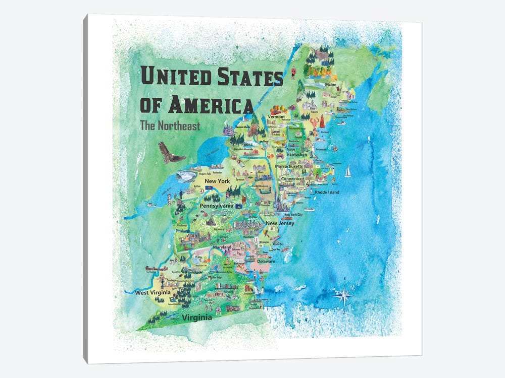 The Northeast Travel Map, USA by Markus & Martina Bleichner 1-piece Canvas Art