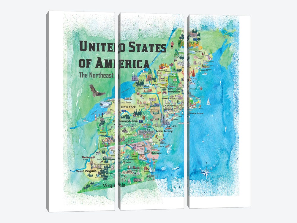 The Northeast Travel Map, USA by Markus & Martina Bleichner 3-piece Canvas Art
