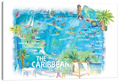 Caribbean Illustrated Travel Map With Landmarks Highlights And Impressions Canvas Art Print - Caribbean Art