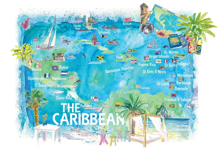 Caribbean Illustrated Travel Map With Landmarks Highlights And Impressions