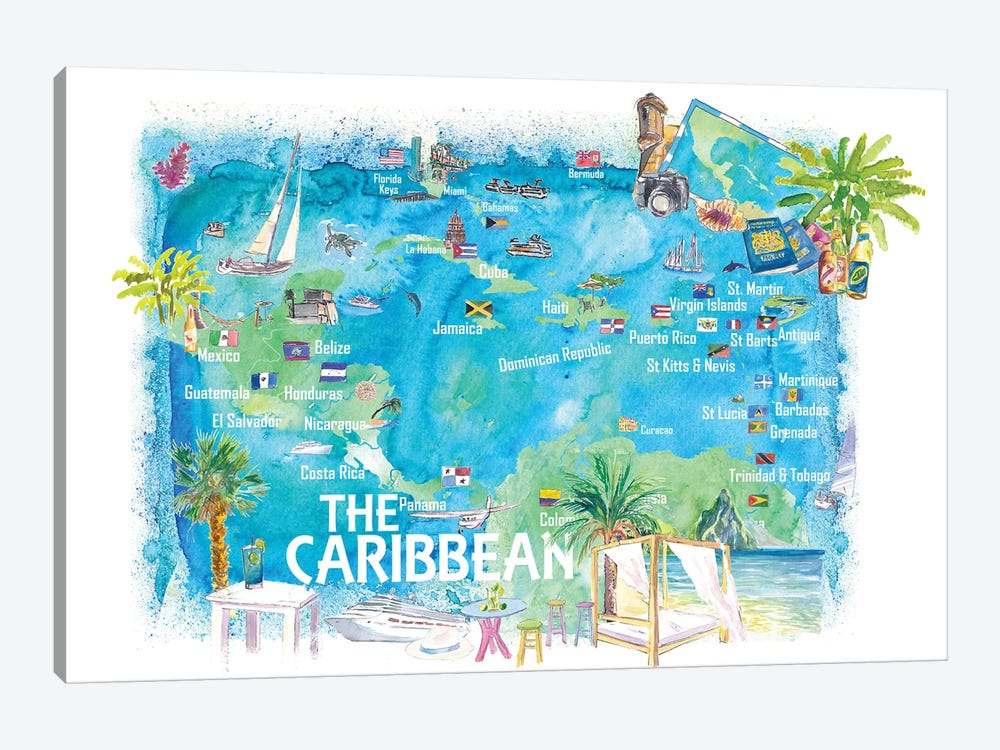 Caribbean Illustrated Travel Map With Landmarks Highlights And Impressions by Markus & Martina Bleichner 1-piece Canvas Artwork