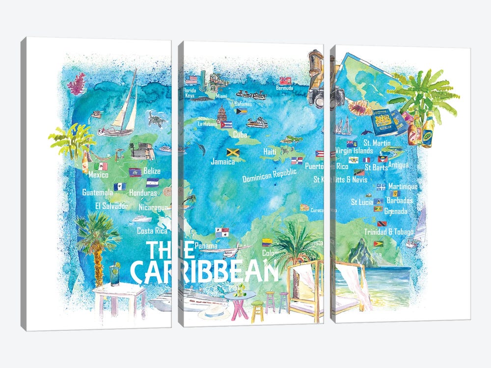 Caribbean Illustrated Travel Map With Landmarks Highlights And Impressions by Markus & Martina Bleichner 3-piece Canvas Art