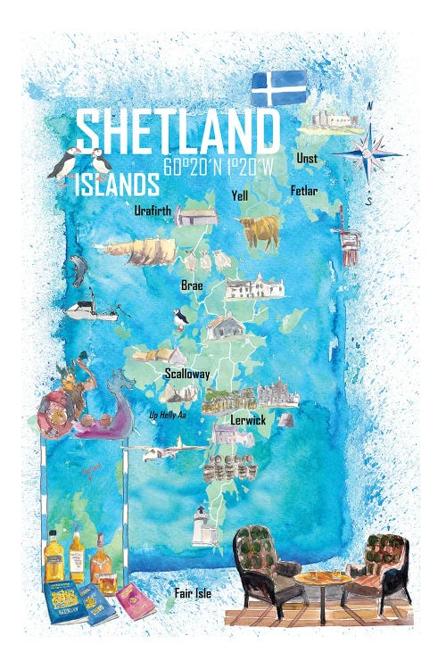 Shetland Islands Illustrated Travel Map With Touristic Highlights