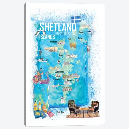 Shetland Islands Illustrated Travel Map With Touristic Highlights Canvas Print #MMB666} by Markus & Martina Bleichner Canvas Wall Art