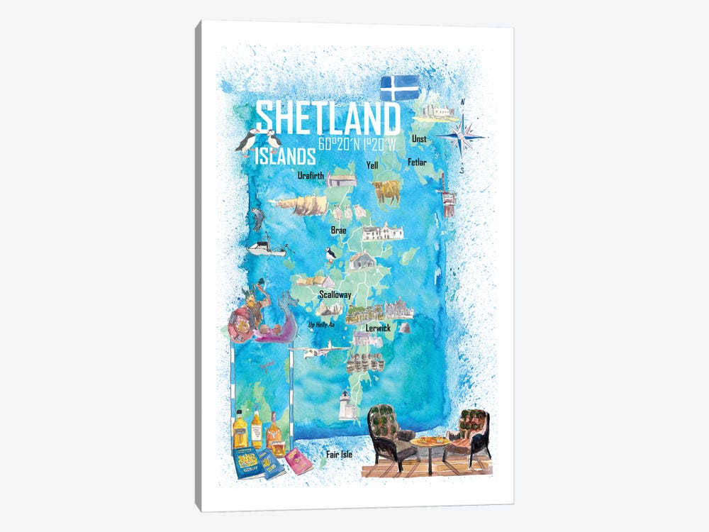 Shetland Islands Illustrated Travel Map With Touristic Highlights by Markus & Martina Bleichner 1-piece Canvas Print