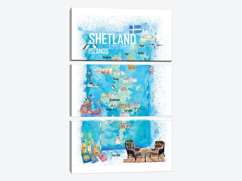Shetland Islands Illustrated Travel Map With Touristic Highlights by Markus & Martina Bleichner 3-piece Art Print