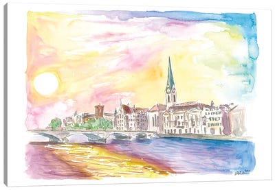 Sunset Over Zurich Switzerland With Limmat River Canvas Art Print - Zurich