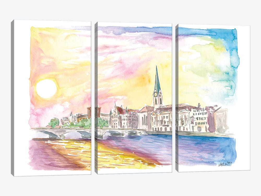 Sunset Over Zurich Switzerland With Limmat River by Markus & Martina Bleichner 3-piece Canvas Wall Art