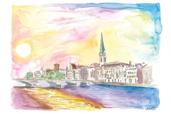 Zurich: Sunset Over Zurich Switzerland With Limmat River by Markus & Martina Bleichner