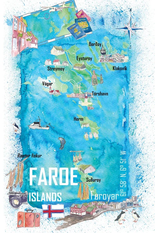 Faroe Islands Illustrated Travel Map With Touristic Highlights