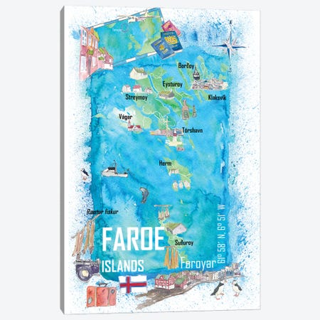Faroe Islands Illustrated Travel Map With Touristic Highlights Canvas Print #MMB668} by Markus & Martina Bleichner Canvas Art Print