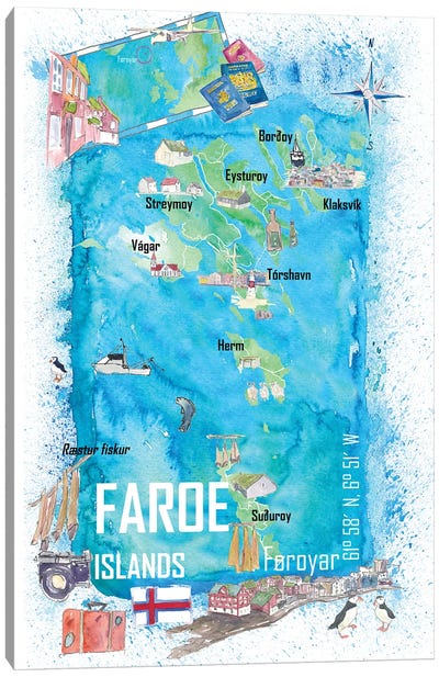 Faroe Islands Illustrated Travel Map With Touristic Highlights Canvas Art Print - Denmark Art