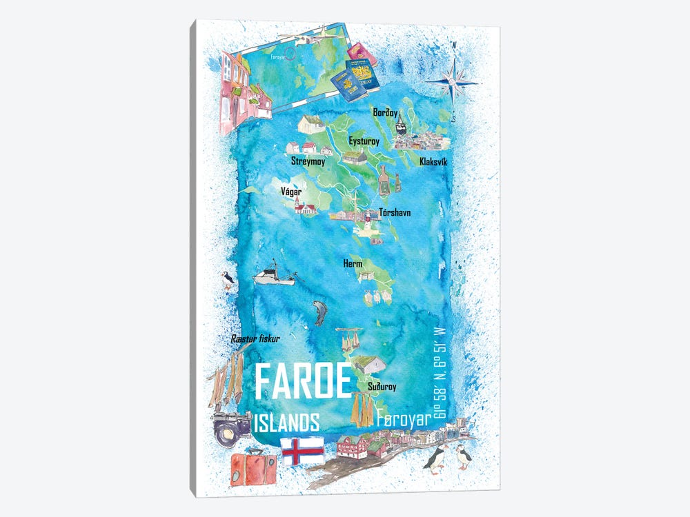 Faroe Islands Illustrated Travel Map With Touristic Highlights by Markus & Martina Bleichner 1-piece Art Print