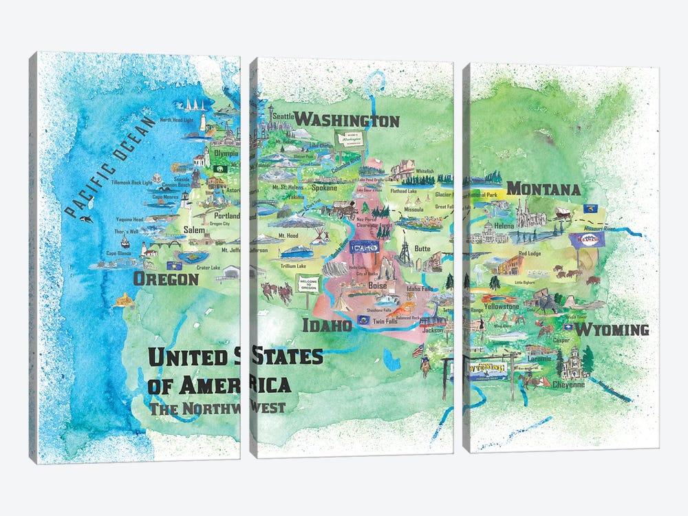 The Northwest Travel Map, USA by Markus & Martina Bleichner 3-piece Canvas Art Print